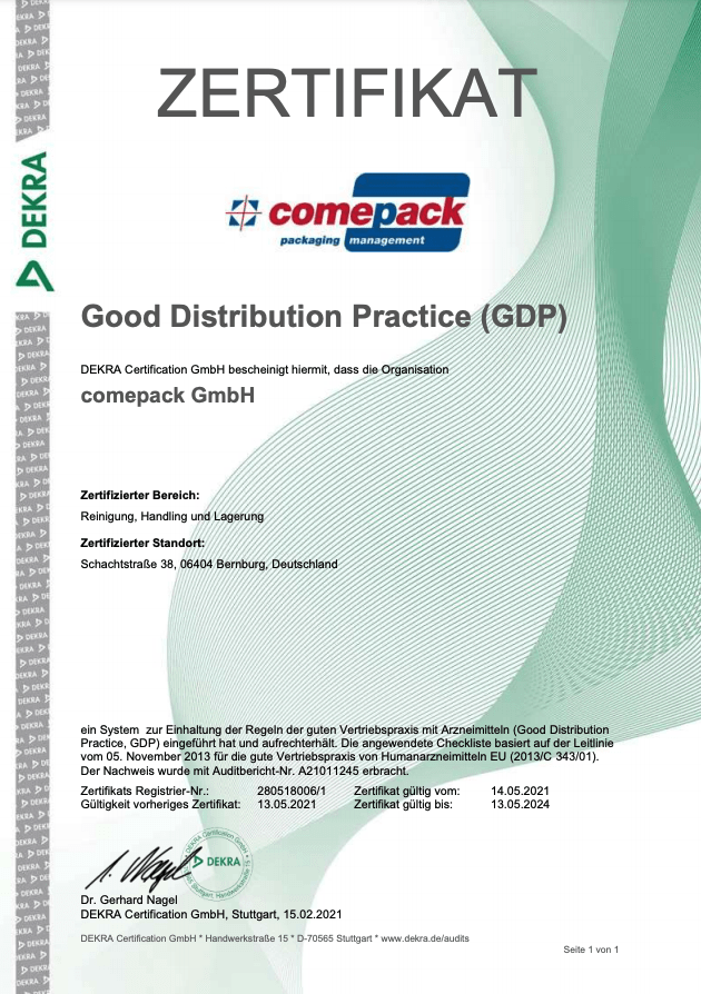 The Good Distribution Practice certificate ensures our qualification for all specific needs of the healthcare sector.